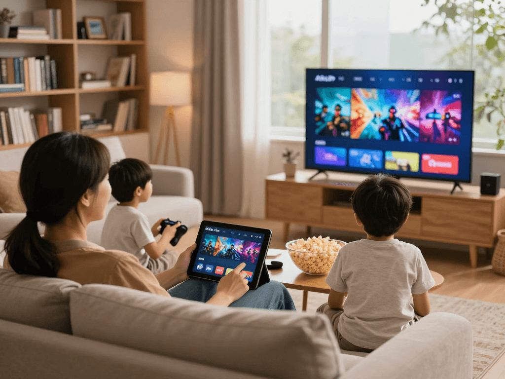 Famille profitant de leur abonnement Atlas pro ontv sur une télévision HD dans un salon accueillant.