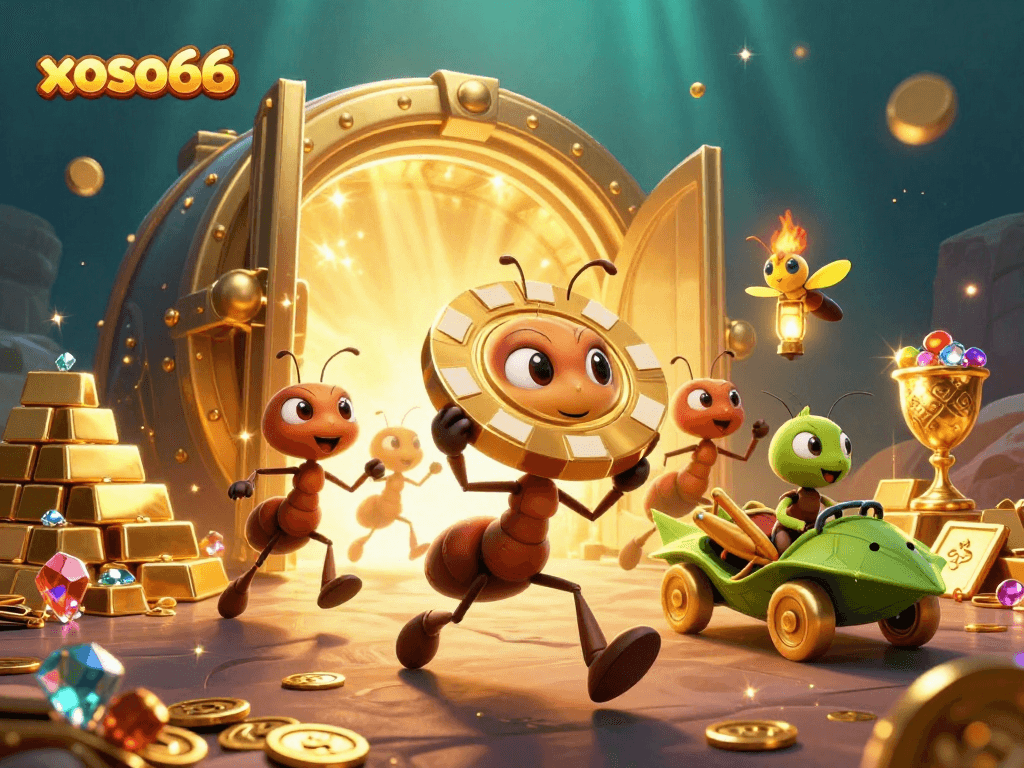 Experience thrilling gaming with xoso66 as ants steal a giant poker chip in a dazzling heist scene.