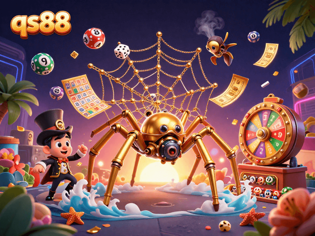 Join qs88 in this lively 3D casino scene featuring a whimsical spider and cartoon characters!