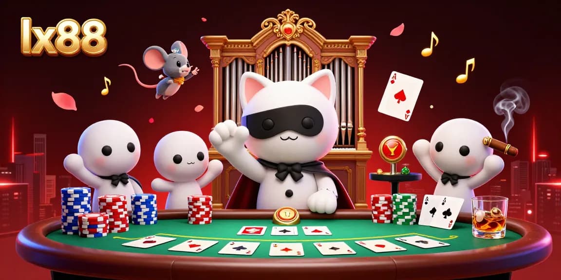 Experience the thrill of gambling at lx88 with a vibrant 3D scene featuring dynamic casino elements and characters.