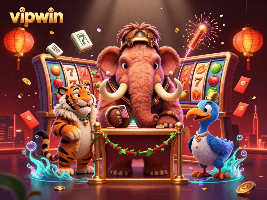Experience vipwin's vibrant online casino atmosphere with dynamic 3D illustrations of characters and games.