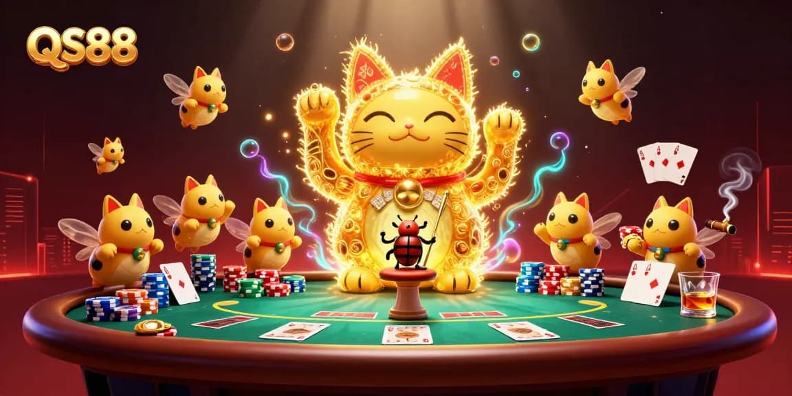 Experience the excitement of QS88 with a cartoon lucky cat and casino elements in a vibrant scene.