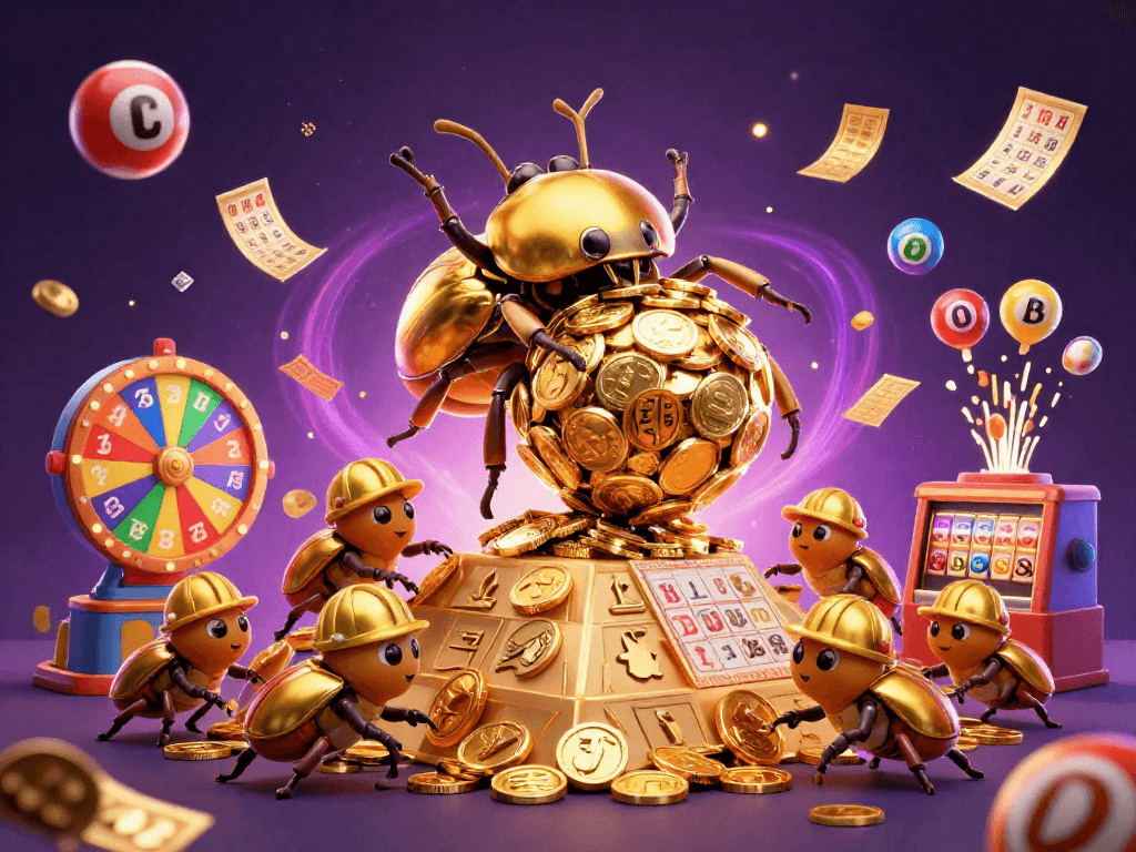 Experience FLY88's dynamic casino environment with golden beetles and bouncing lottery balls.