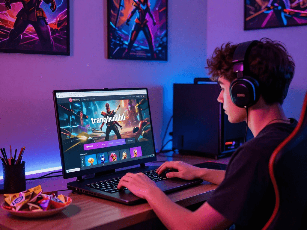 Dynamic gaming scene illustrating trang chủ nổ hũ on a laptop with vibrant ambiance.