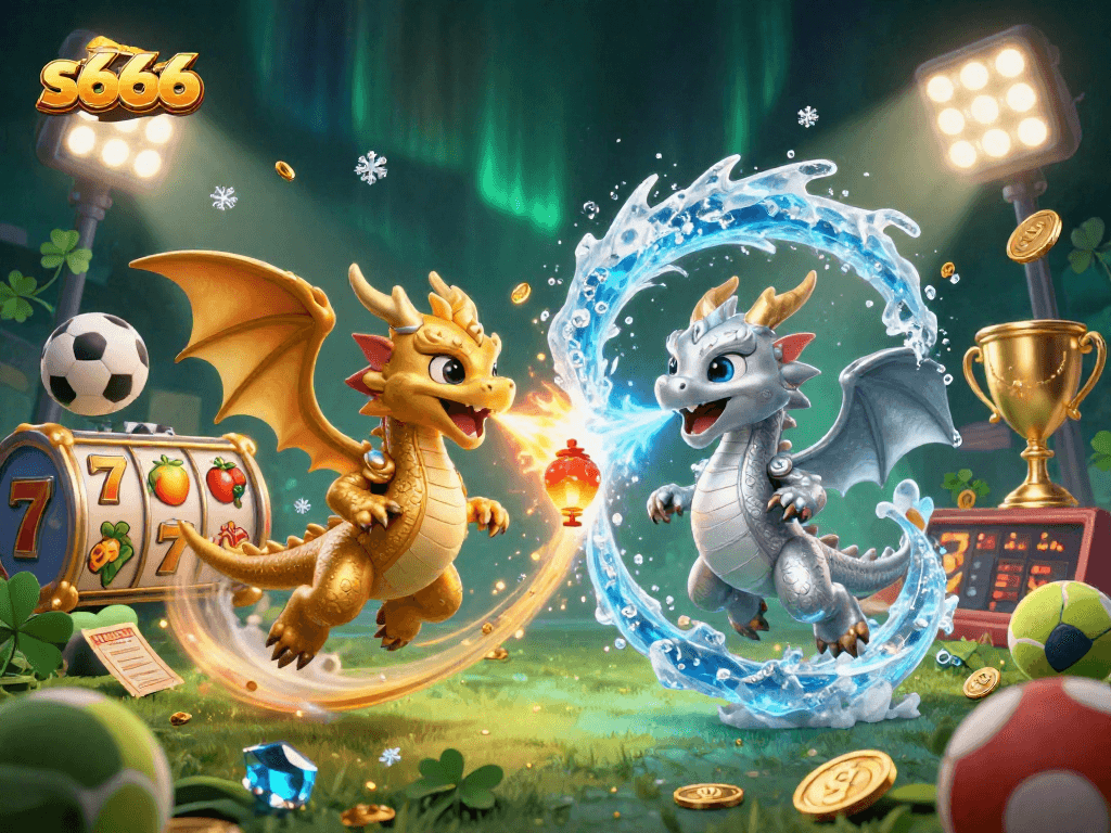Experience the thrill of s666 as twin dragons battle in a vibrant 3D casino scene with dynamic game elements.