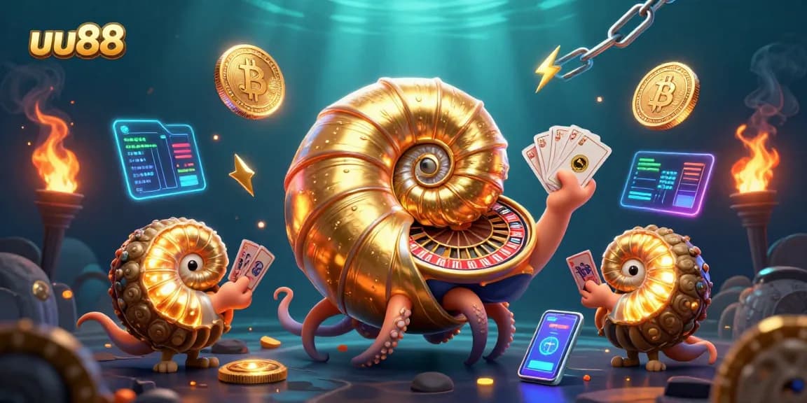 Spin to win with uu88's vibrant casino universe featuring a giant nautilus and glowing coins.