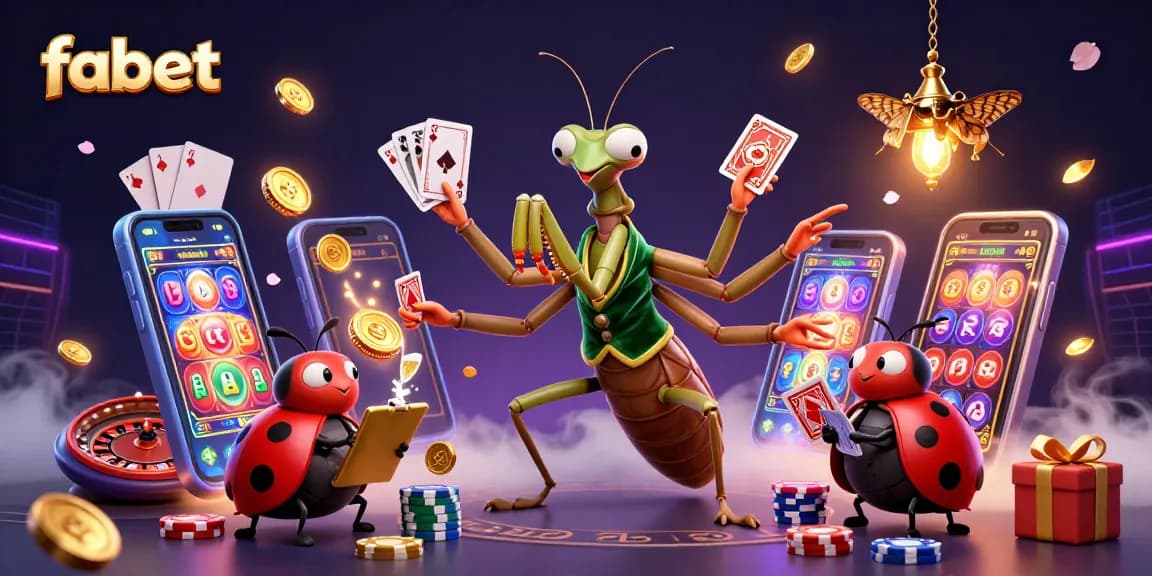 Experience the excitement of fabet with a giant praying mantis dealer and ladybug pit boss in a lively casino scene.