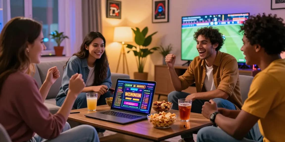 Amis jouant ensemble sur un casino en ligne, ambiance conviviale et festive.