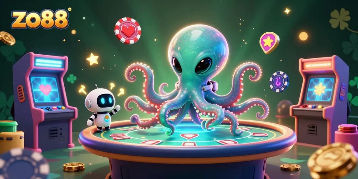 Experience the thrill of gaming at zo88 with a vibrant 3D cartoon scene featuring an alien octopus and exciting casino elements.