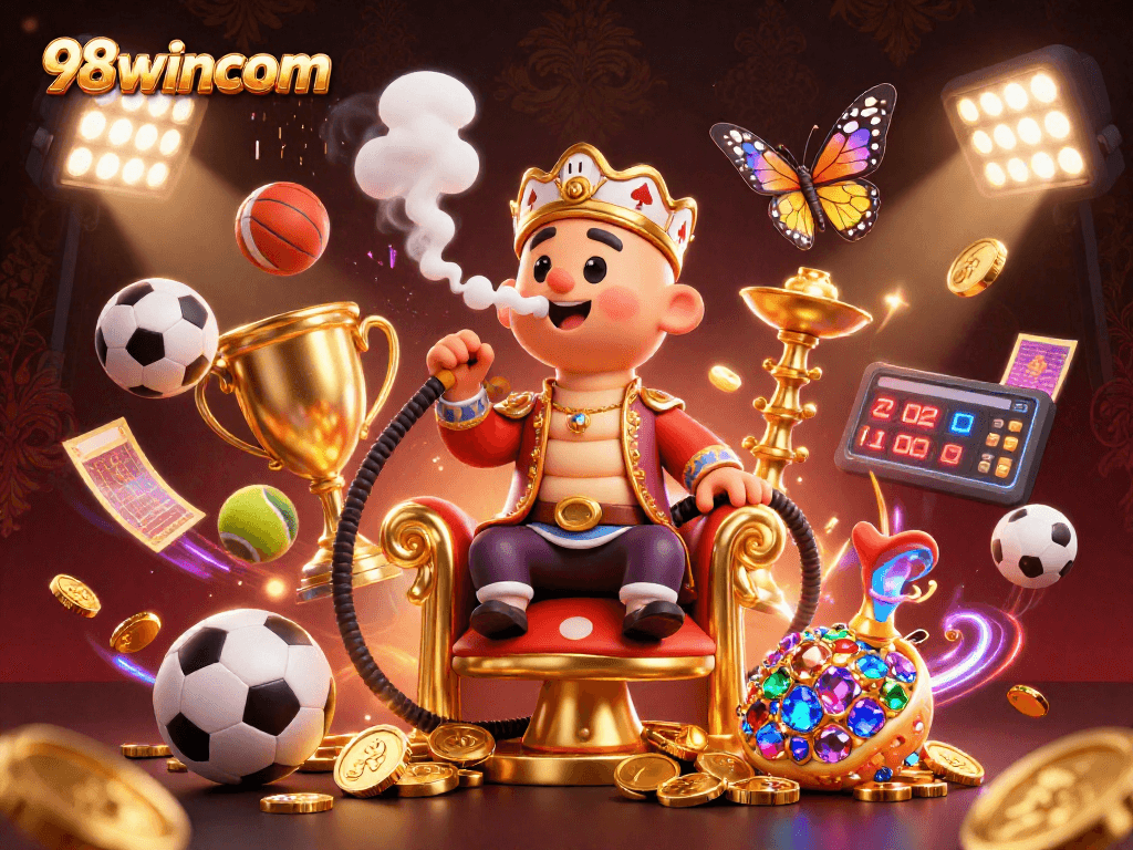Experience the excitement at 98wincom with a vibrant illustrated casino scene featuring dynamic sports elements.