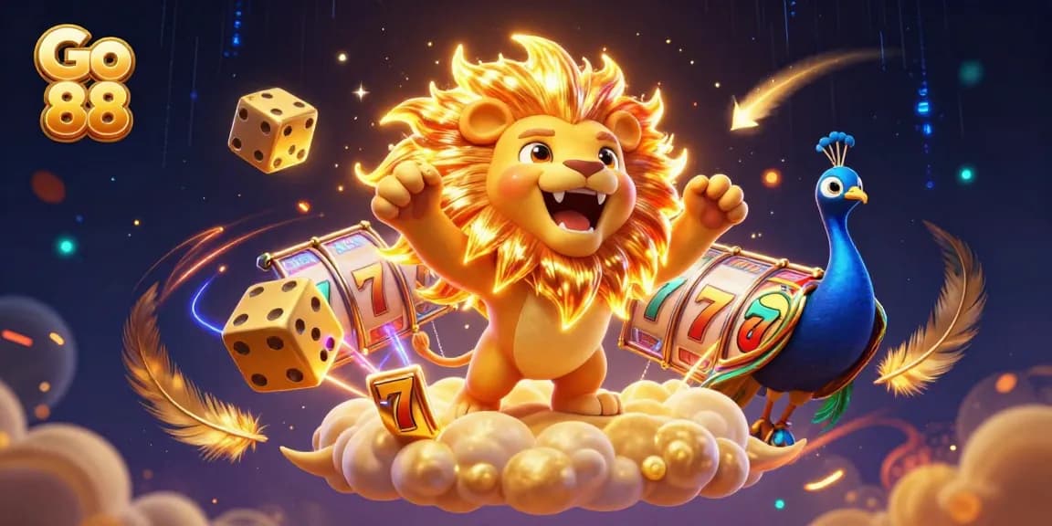 Engage in thrilling slots action with Go 88 in this vibrant casino illustration featuring winning dice and dynamic character interactions.