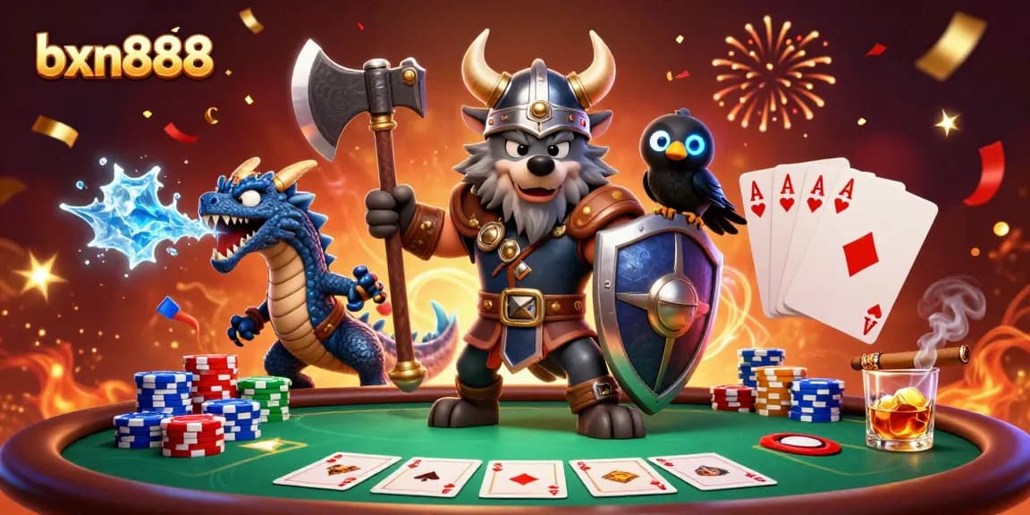 Engage in thrilling poker strategies at bxn888 with a Viking wolf warrior, dragon, and poker elements