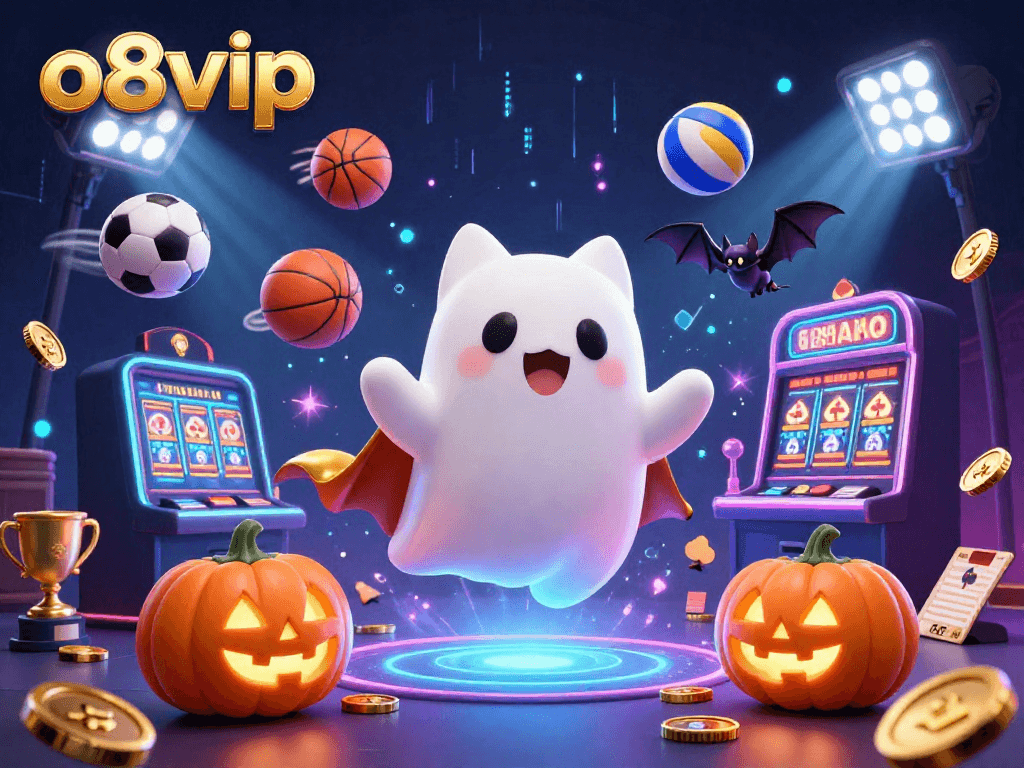 Play the exciting world of o8vip with a friendly ghost cat and vampire bat amidst vibrant casino elements.
