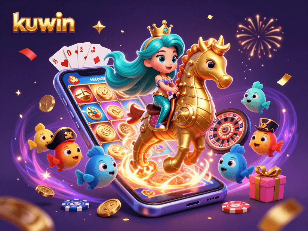 Kuwin brings excitement to casino gaming with a vibrant 3D mermaid and seahorse scene featuring slots and poker.