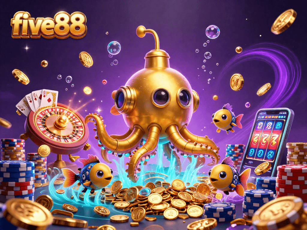 Experience the thrill of five88 with a dynamic 3D illustration featuring golden kraken and vibrant gambling elements.