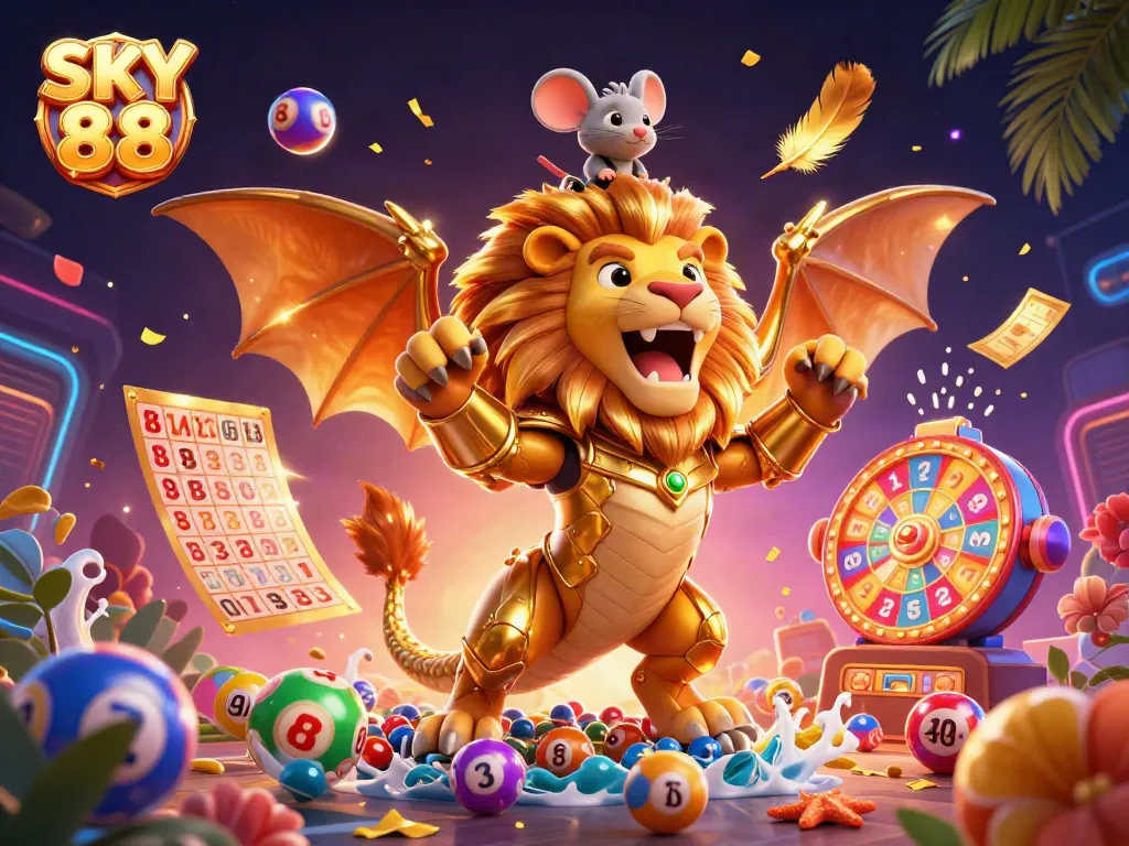 Engage with thrilling gaming action at SKY 88 online casino, featuring a vibrant 3D chimera illustration.