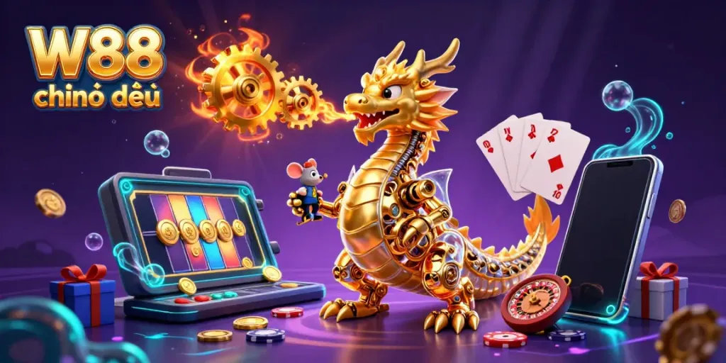 Experience W88 chính thức with a vibrant illustration showcasing a golden dragon and immersive casino themes.