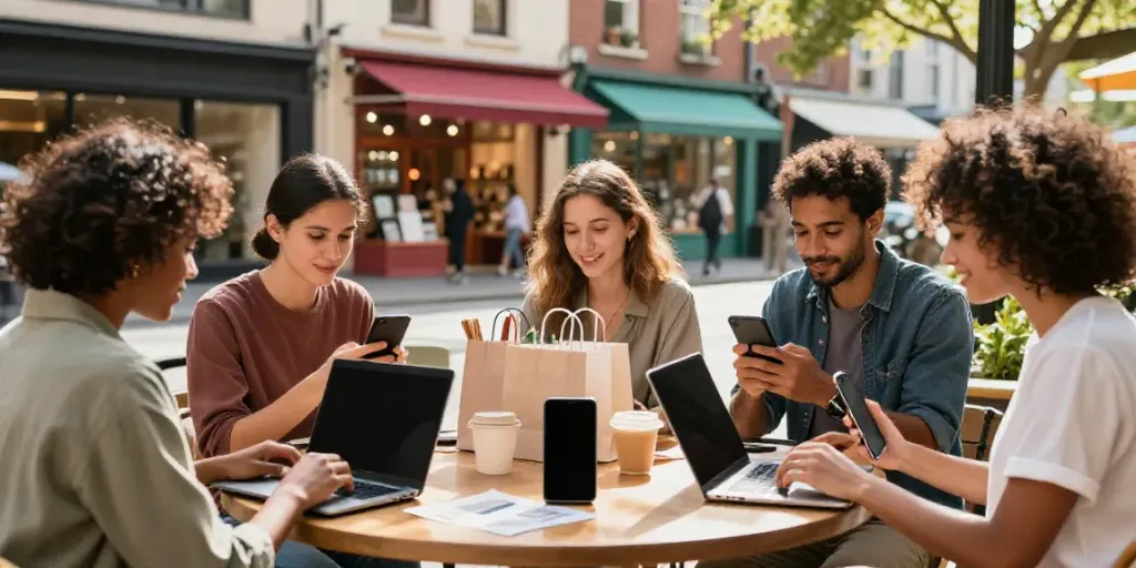 Groupe d'amis parcourant des produits en ligne dans un café animé, mettant en avant la convivialité.