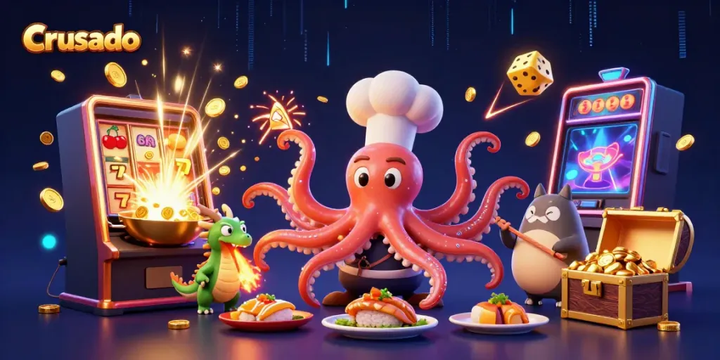 Venez découvrir Crusado Casino avec un chef sushi 3D préparant des délices et un dragon vert !