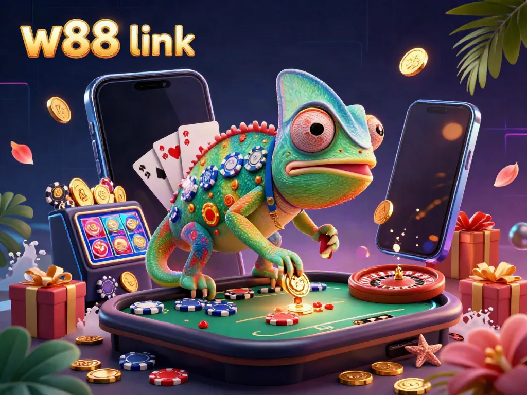 Experience winning excitement with W88 link featuring 3D chameleon casino owner amidst gold coins and vibrant game elements.