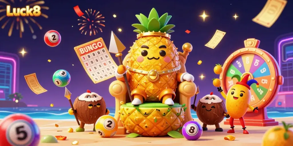 Engage with Luck8 in this vibrant scene showcasing a golden pineapple king presiding over a casino filled with lottery excitement and dynamic game elements.