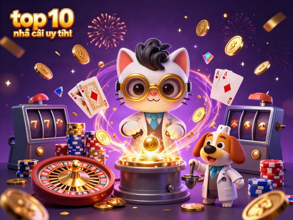 Experience top 10 nhà cái uy tín in a vibrant 3D casino scene with wild characters and gaming elements