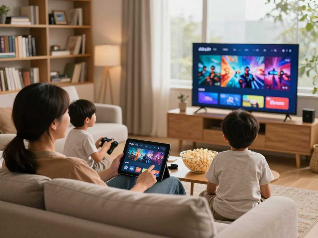 Famille profitant de leur abonnement Atlas pro ontv sur une télévision HD dans un salon accueillant.
