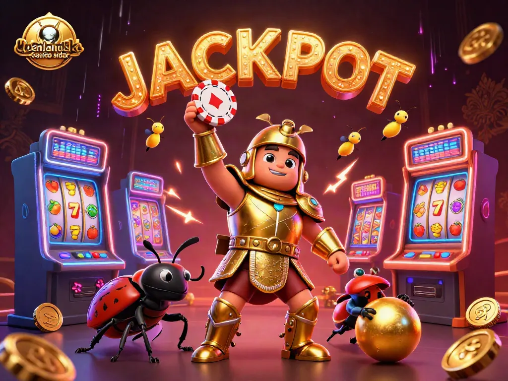 Experience the excitement of udenlandske casino sider with a victorious beetle and stunning slot machines in a vibrant scene.