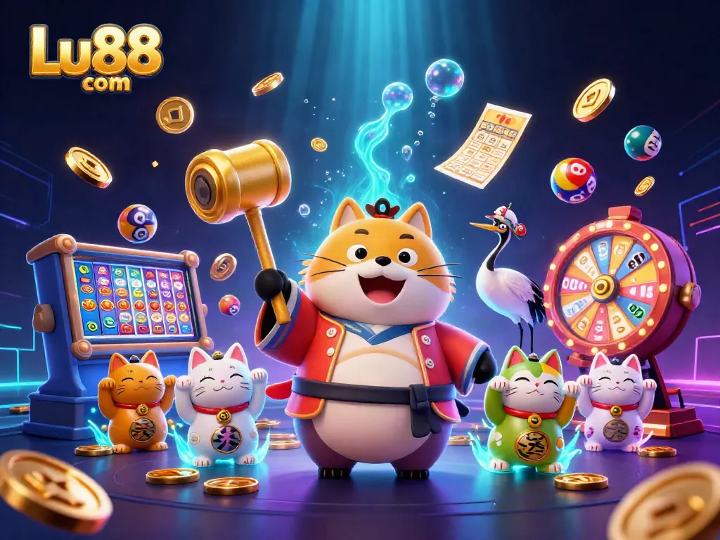 Experience the excitement of Lu88 com with a cheerful tanuki character and vibrant casino elements.