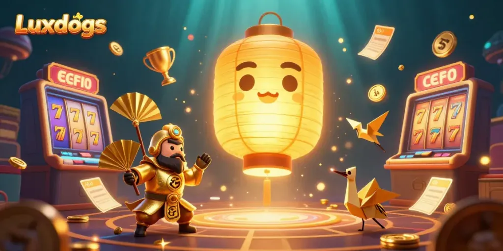 Experience the vibrant Luxdogs casino scene with golden lantern spirit and dynamic slot game elements.