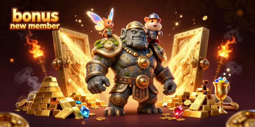 Experience the bonus new member promotion with magical characters in a rich casino-themed illustration.