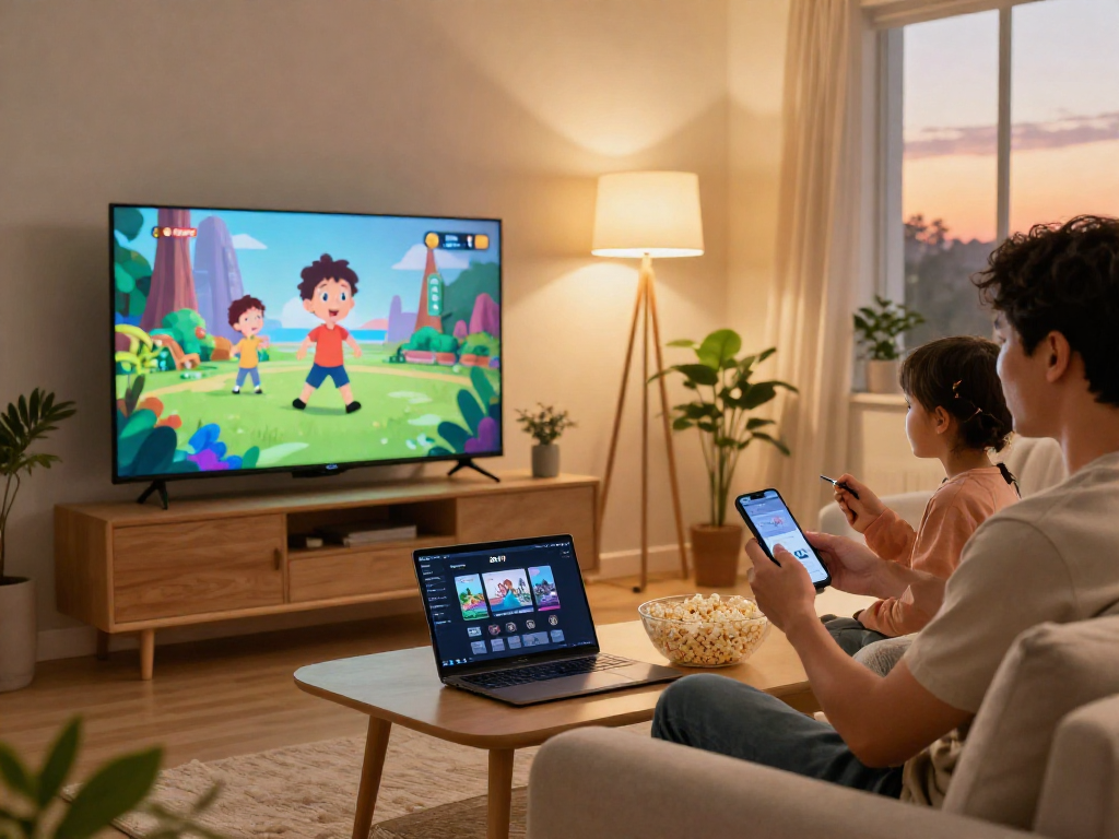 Utilisation d'Atlas Pro iOS sur Smart TV et smartphone par une famille.
