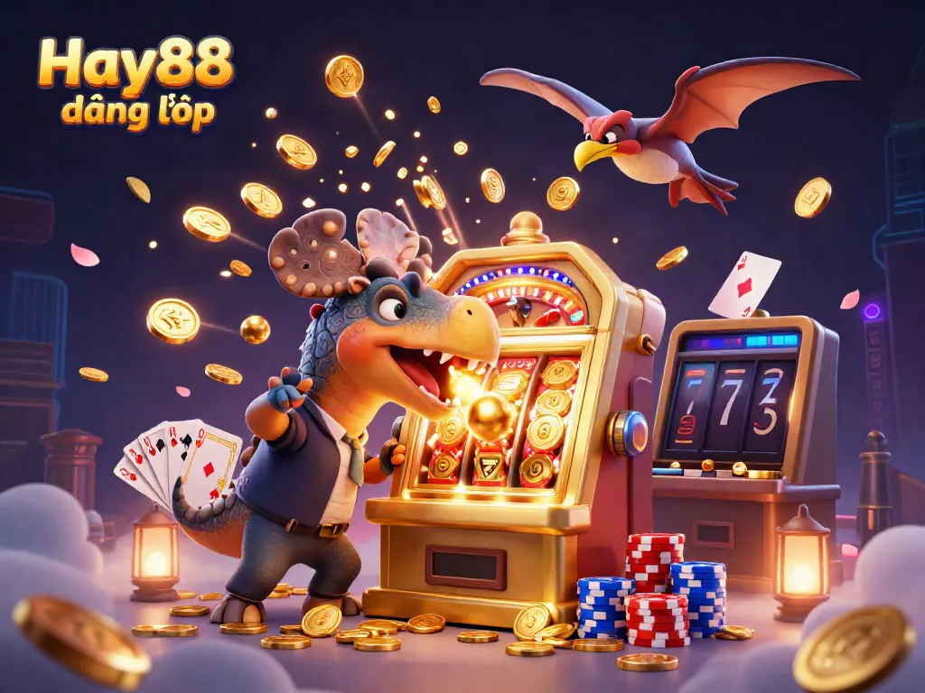 Catch jackpot coins with Hay88 đăng nhập in a vibrant 3D casino scene featuring a dinosaur.