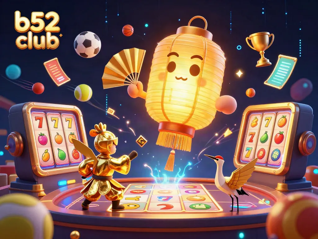 Engage with the dynamic b52 club experience amidst colorful casino elements and lucky symbols.