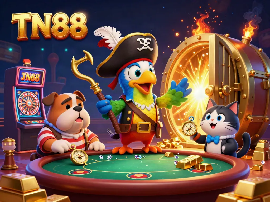 Experience the thrilling atmosphere of TN88 casino with a lively pirate scene, showcasing vibrant games and sparkling treasures.