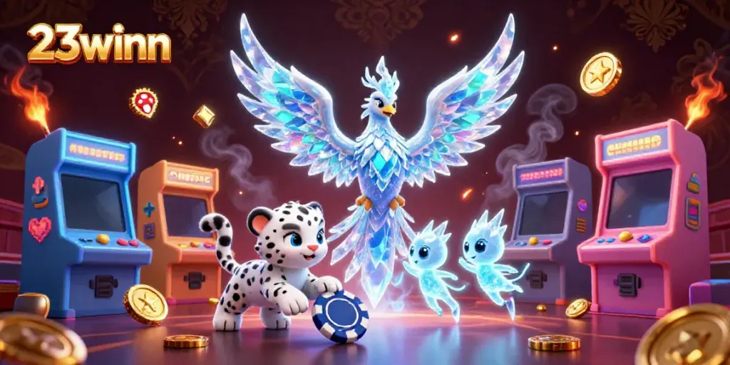 Engage with vibrant 23winn casino scene featuring an ice phoenix and a playful snow leopard cub amidst glowing arcade machines.