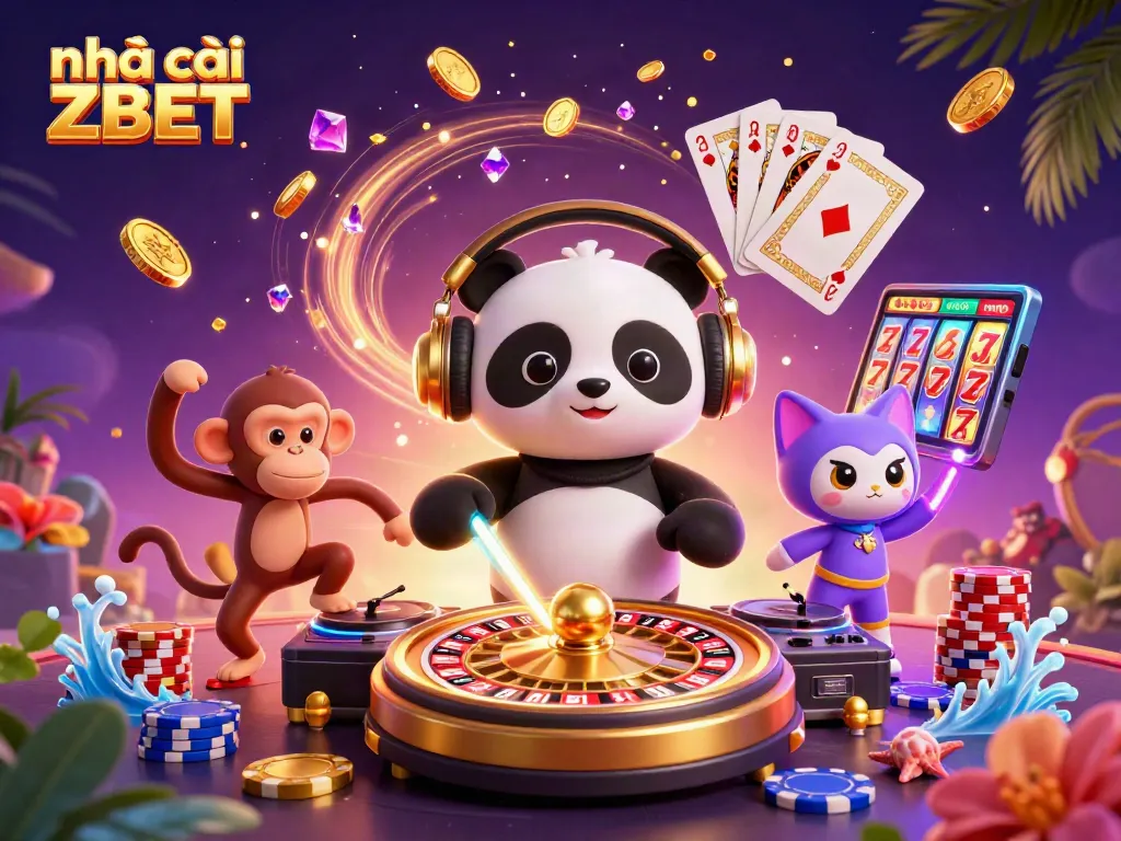 Experience the excitement of nhà cái ZBET with DJ panda, breakdancing monkey, and rave kitten amid casino elements.