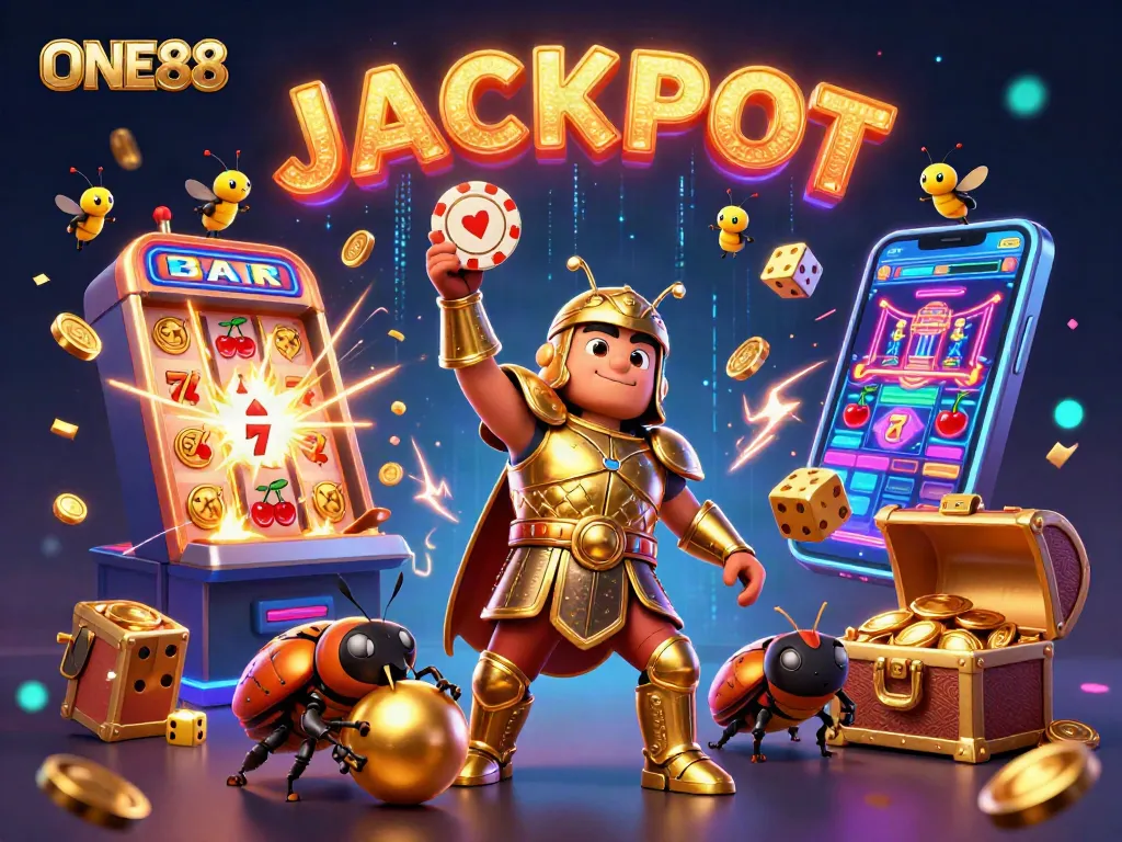 ONE88 triumphant beetle and friends celebrate jackpot victory amid vibrant casino elements.