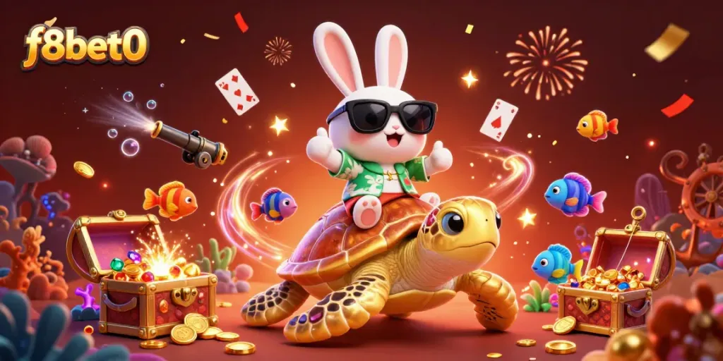 Experience thrilling wins with f8bet0 in this vibrant 3D casino scene featuring lucky characters.