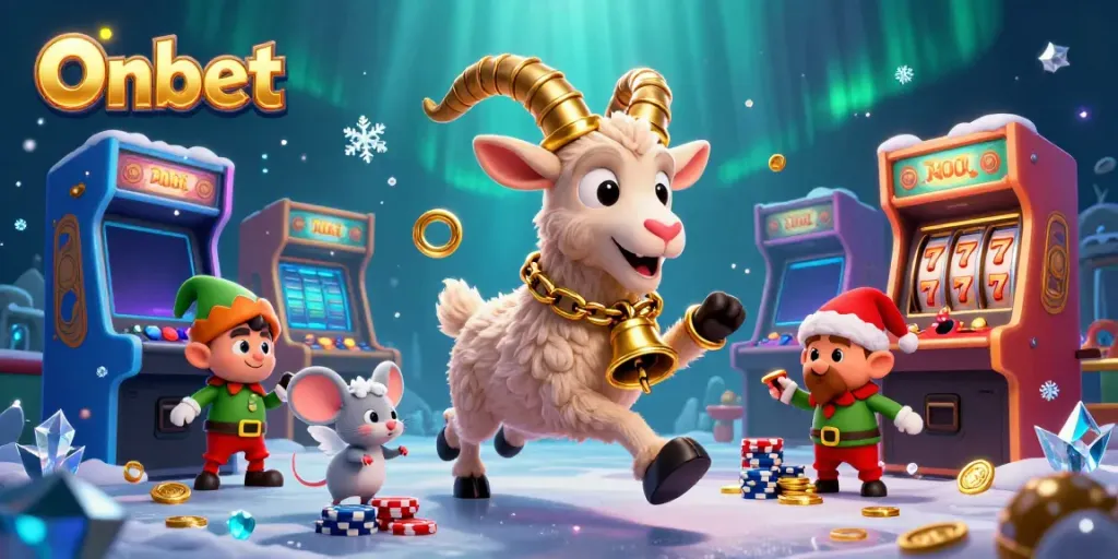 Experience Onbet with playful characters in a vibrant casino setup.