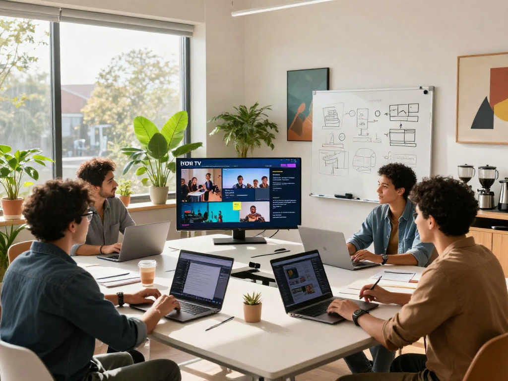 Équipe dynamique réfléchissant à des idées autour de l'innovation avec Iron tv