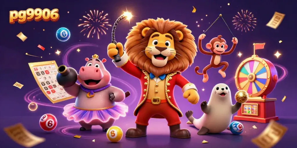 Experience the excitement at pg9906 casino with lively characters showcasing jackpots and games.