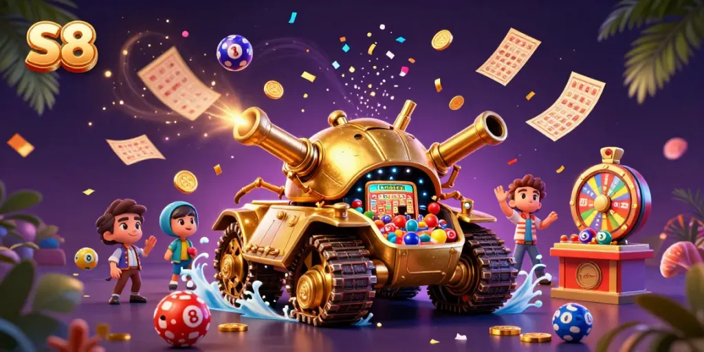Experience the excitement of S8 with a vibrant casino-themed 3D illustration featuring golden beetle tanks and lively game elements.