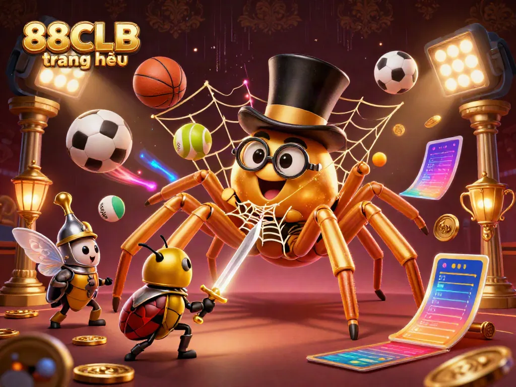 Experience the excitement of 88CLB trang chủ with a golden tarantula and brave beetle knight amidst animated sports elements.