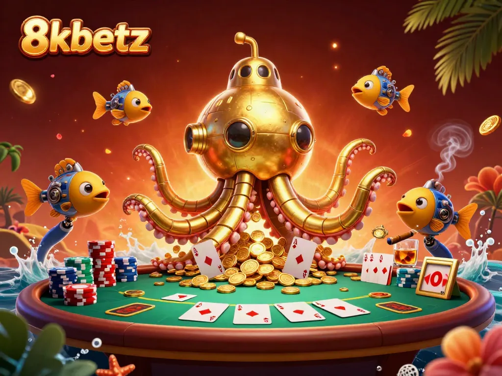 Experience thrilling action with 8xbetz as the golden kraken submarine surfaces through coins in this poker scene.