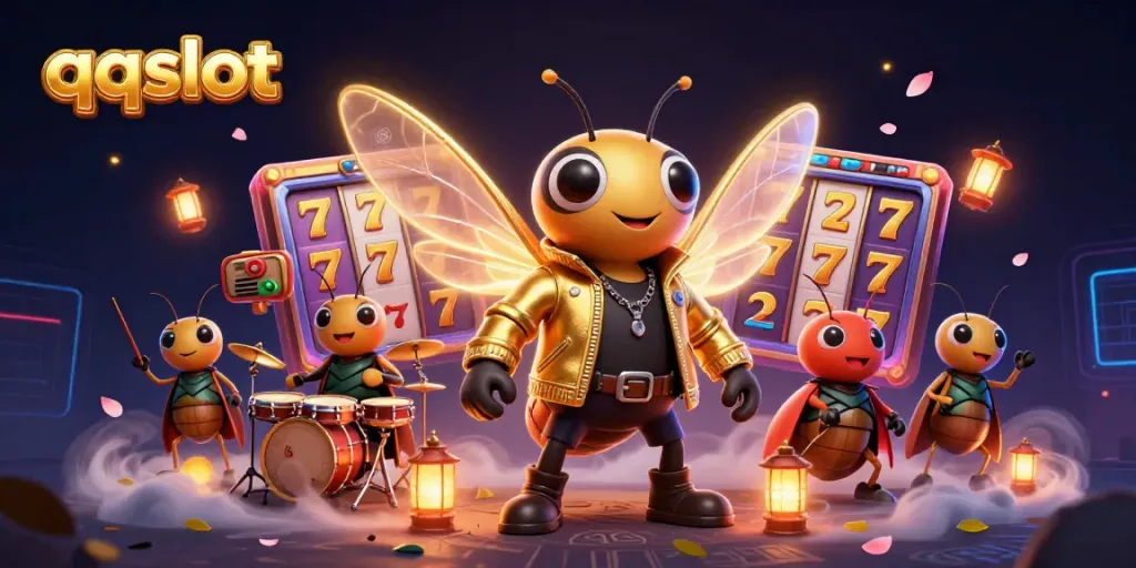 Experience the thrill of qqslot with a vibrant scene featuring a rock star cicada, a drummer, and dynamic slot elements.