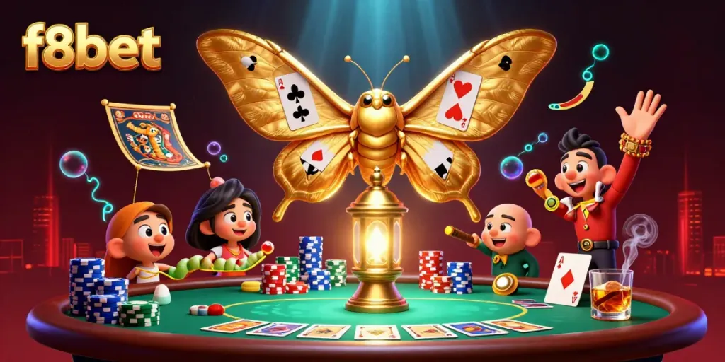 Experience the richness of f8bet gaming with a dynamic casino-themed 3D illustration featuring an atlas moth and casino elements.