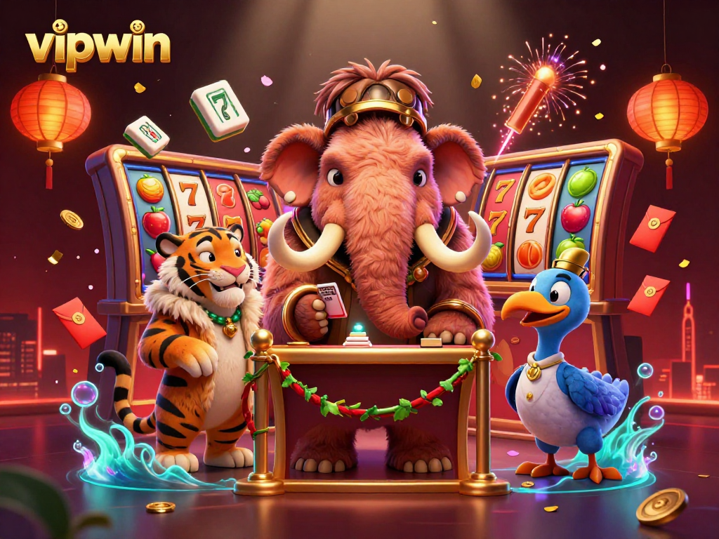 Experience vipwin's vibrant online casino atmosphere with dynamic 3D illustrations of characters and games.
