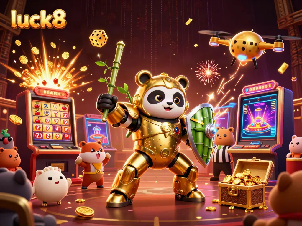 Engage with luck8's thrilling experience featuring a mech-suit panda in a dynamic gaming scene.