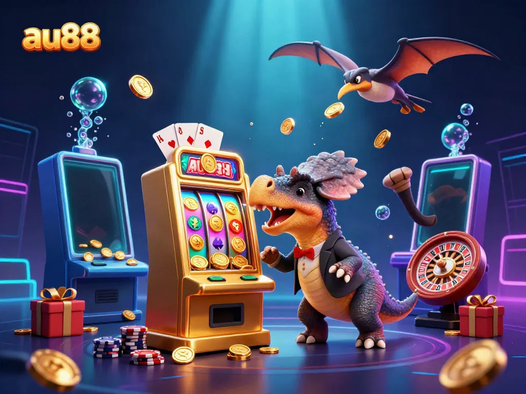 au88 dinosaur character celebrating slots winnings as golden coins fly in the casino